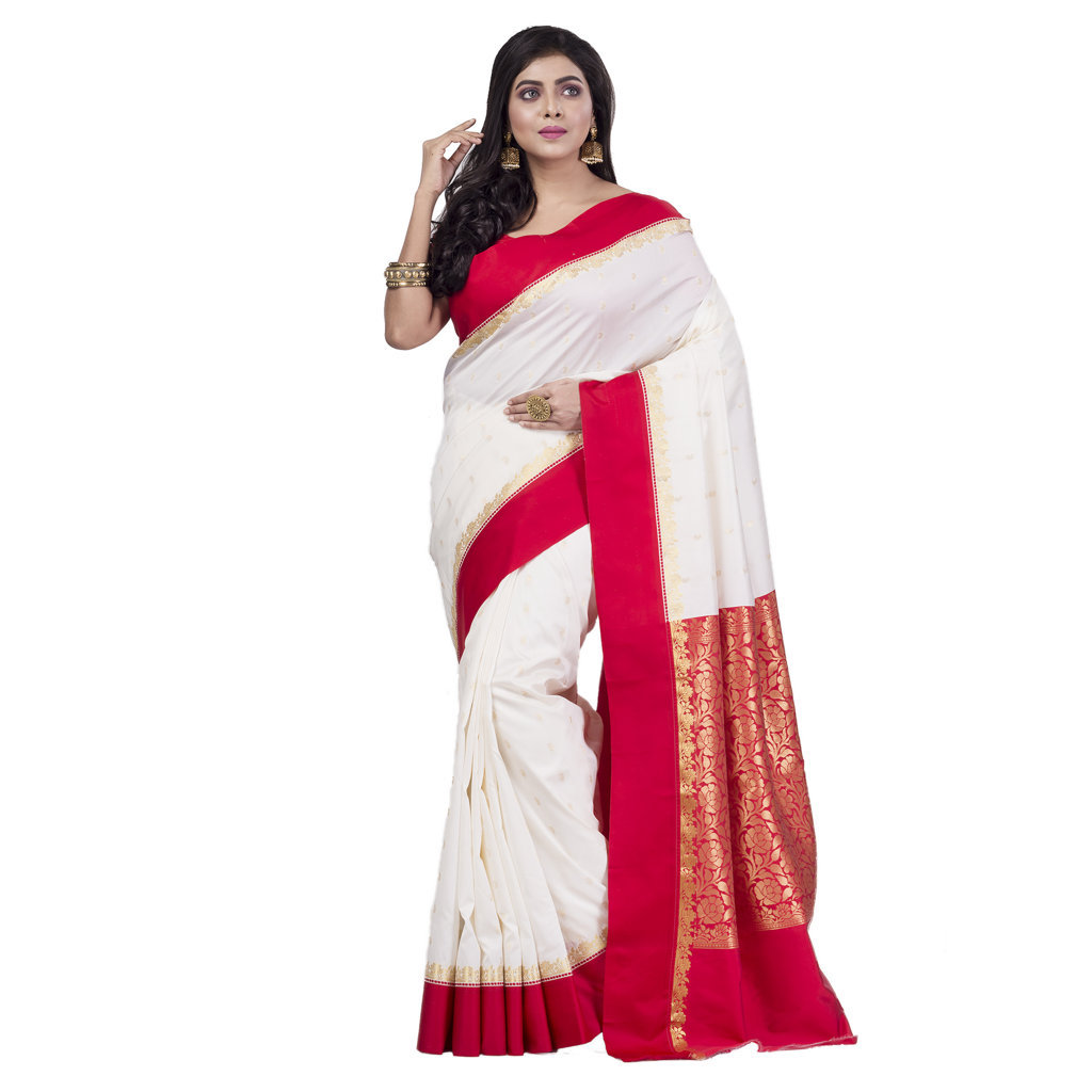 White Red Blended Cotton Gourigorod_Ankit Hand Loom Saree (7027)